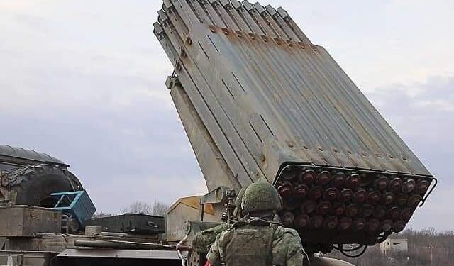 MARCH 13, 2023: A crewman operates a Tornado-G multiple-launch rocket system during the special military operation. Video screen grab. Best quality available. Russian Defence Ministry/TASS